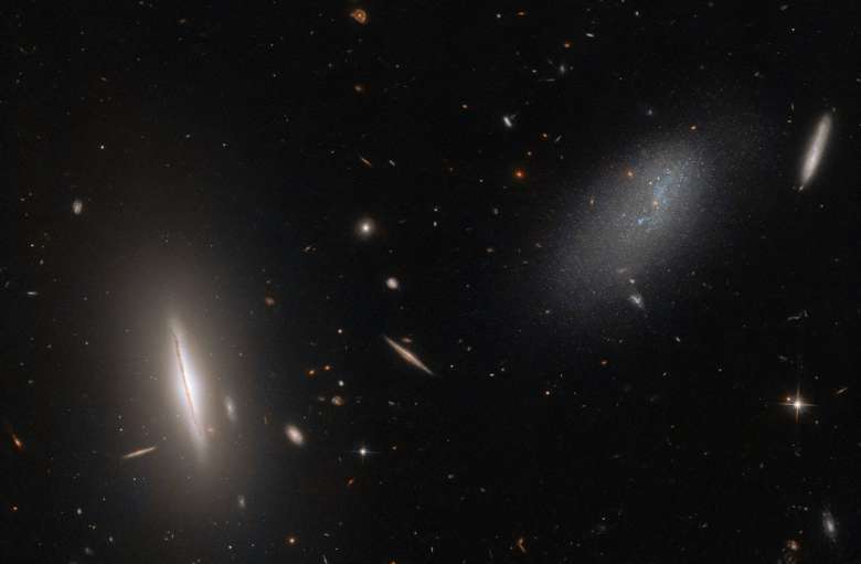 L'image NASA/ESA capturée par Hubble montre LEDA 48062 à droite de l'image. A gauche, la forme la plus brillante et la plus définie appartient à UC 8603.