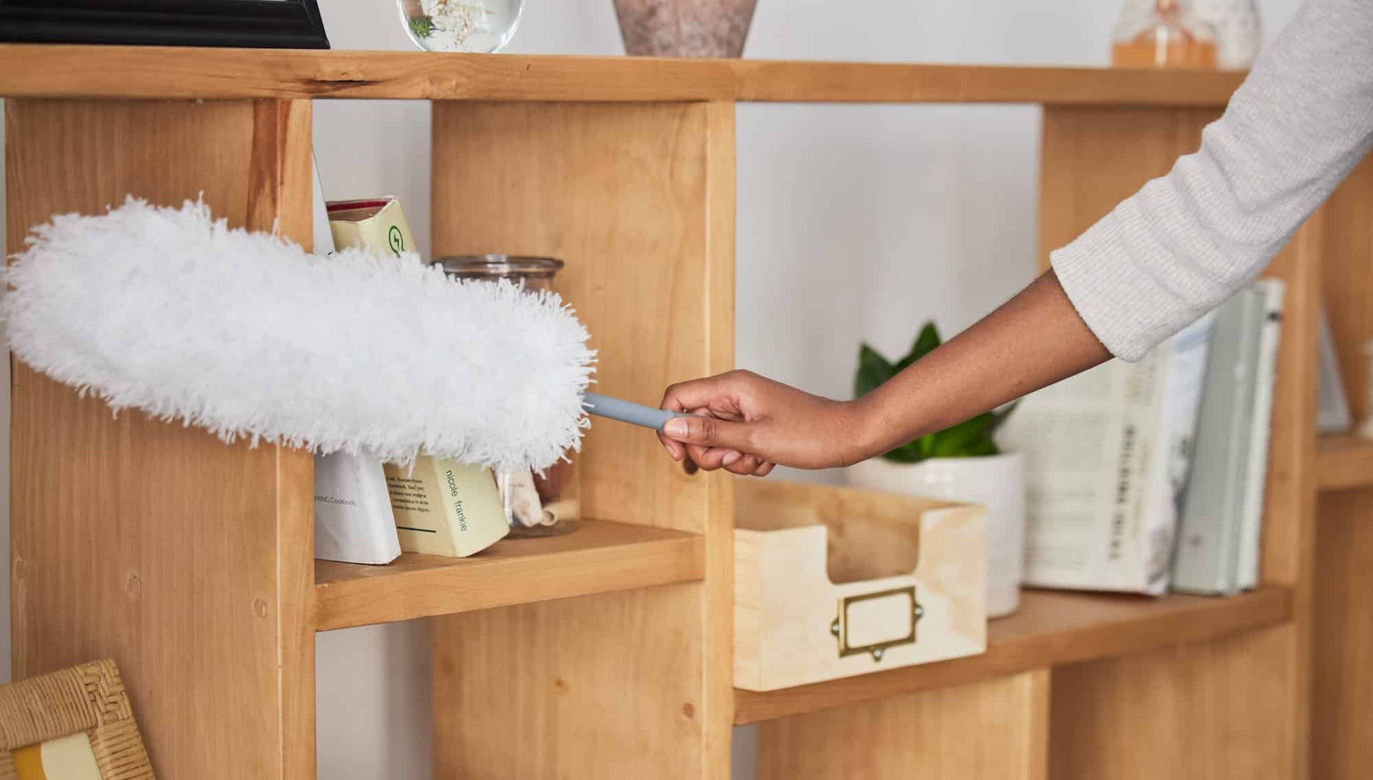 Cleaner woman, duster and home with shelf, wood or display to remove dust, dirt or clean living roo