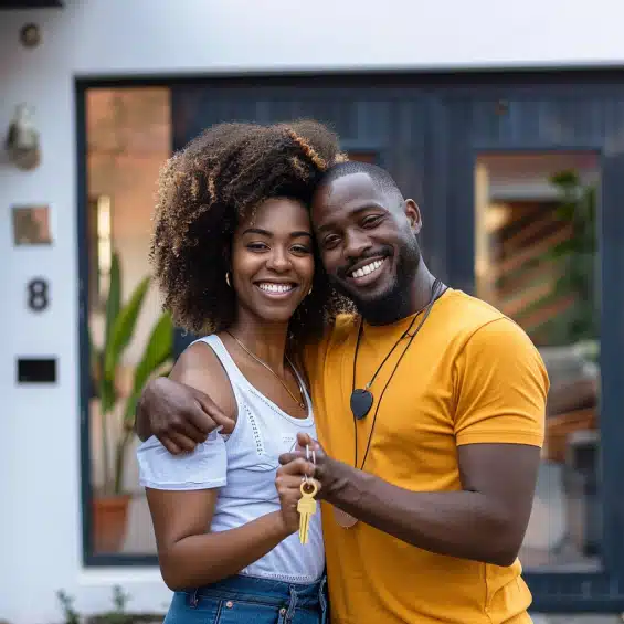 un-couple-dun-homme-et-dune-femme-noirs-presentent-une-cle-dore-devant-leur-nouvelle-maison