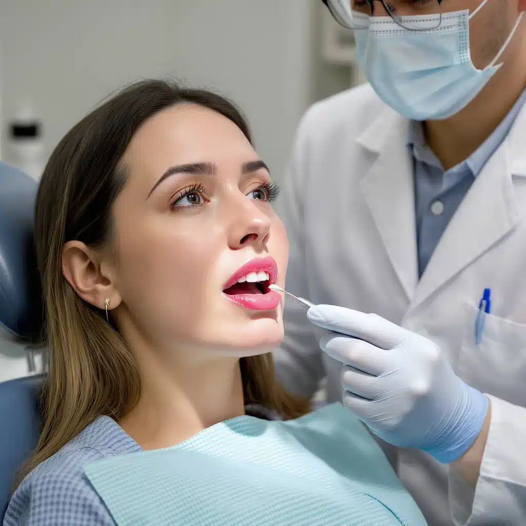 Gros plan réaliste d’une femme chez le dentiste, lèvres engourdies par l’anesthésie locale, sourire rassurant du praticien.