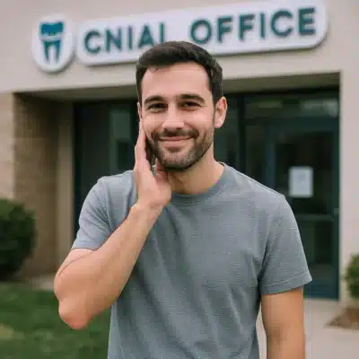 Image réaliste d’un patient sortant du cabinet dentaire, joue encore engourdie après anesthésie, lumière du jour.
