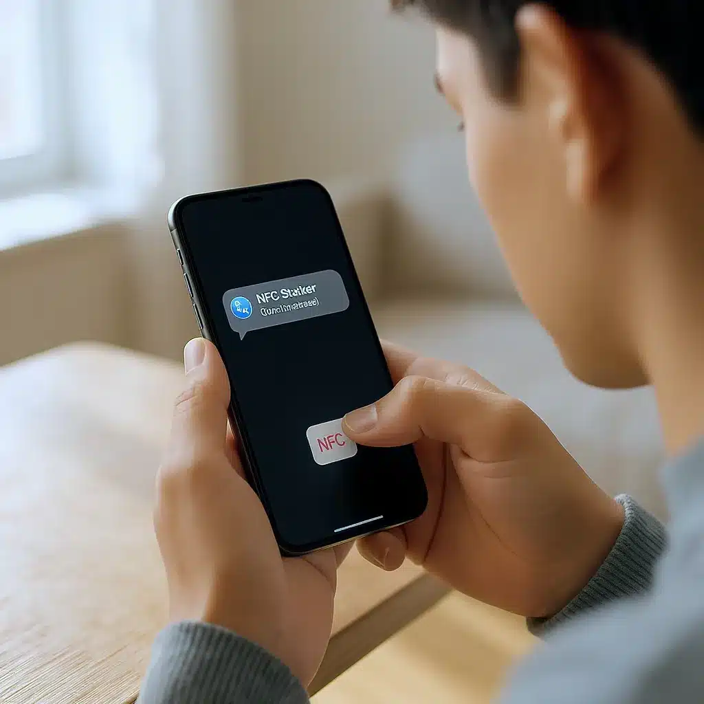 Jeune adulte scanne un petit autocollant NFC sur un objet du quotidien avec son iPhone, intérieur lumineux, rendu photo réaliste, composition claire, focus sur le geste et la notification à l’écran.