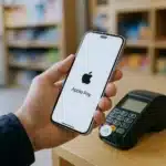 Main approchant un iPhone d’un terminal sans contact pour payer via NFC, Apple Pay affiché à l’écran, démonstration simple en situation réelle.