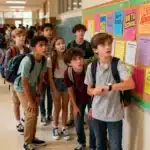 Un groupe d’ados devant un tableau d’affichage scolaire, certains curieux, d’autres impatients, ambiance rentrée scolaire.