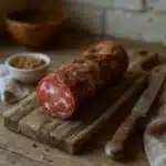 Saucisson sec entier posé sur une planche en bois rustique avec un couteau, lumière naturelle conviviale
