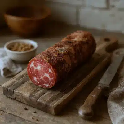Saucisson sec entier posé sur une planche en bois rustique avec un couteau, lumière naturelle conviviale
