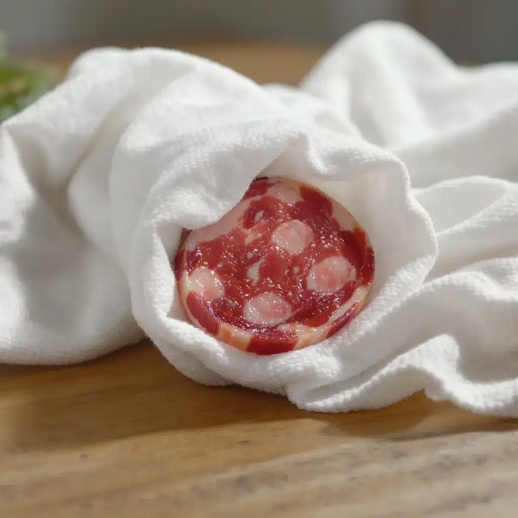 Saucisson sec entamé, tranches visibles, enveloppé dans un torchon en coton sur une table en bois