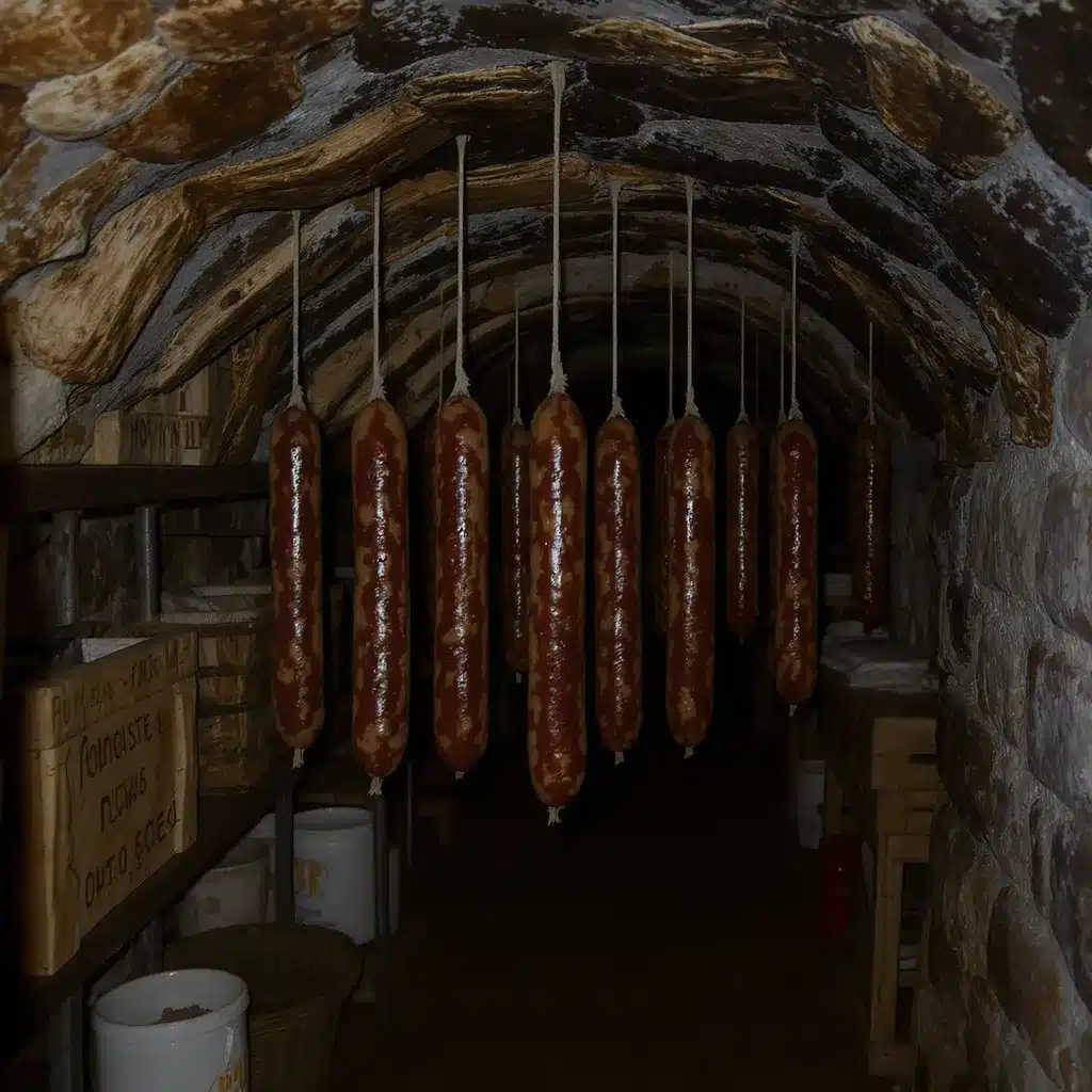 Saucissons secs suspendus par des ficelles dans une cave traditionnelle bien aérée