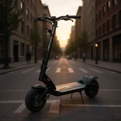 Trottinette électrique moderne posée en ville au coucher du soleil avec un design élégant