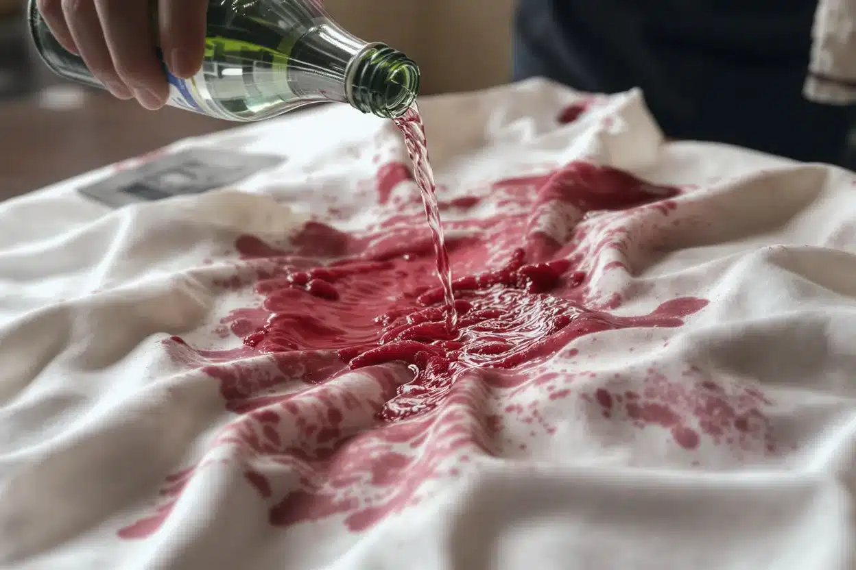 Main versant de l’eau gazeuse sur une chemise tachée de vin rouge pour diluer les pigments avant lavage