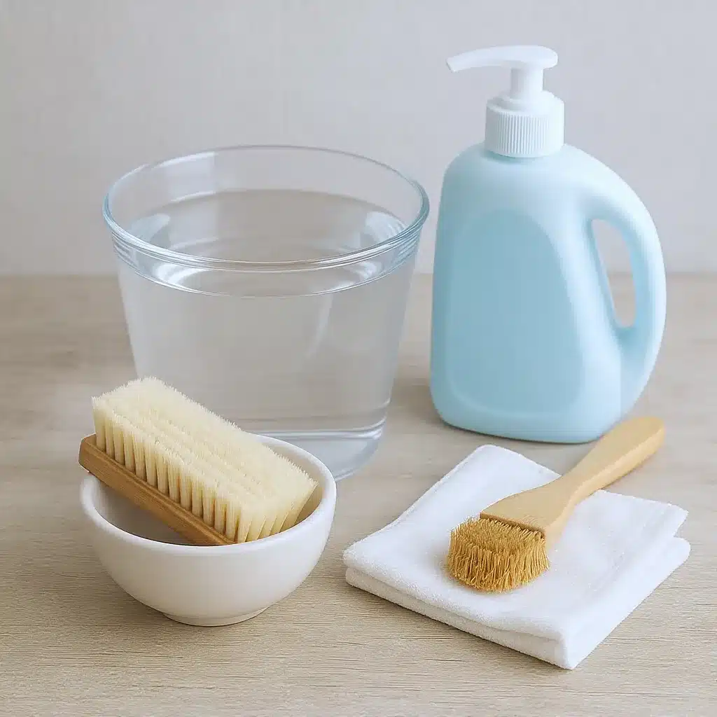 Matériel maison pour nettoyer les bijoux en or avec eau tiède, savon doux, brosse souple et chiffon microfibre