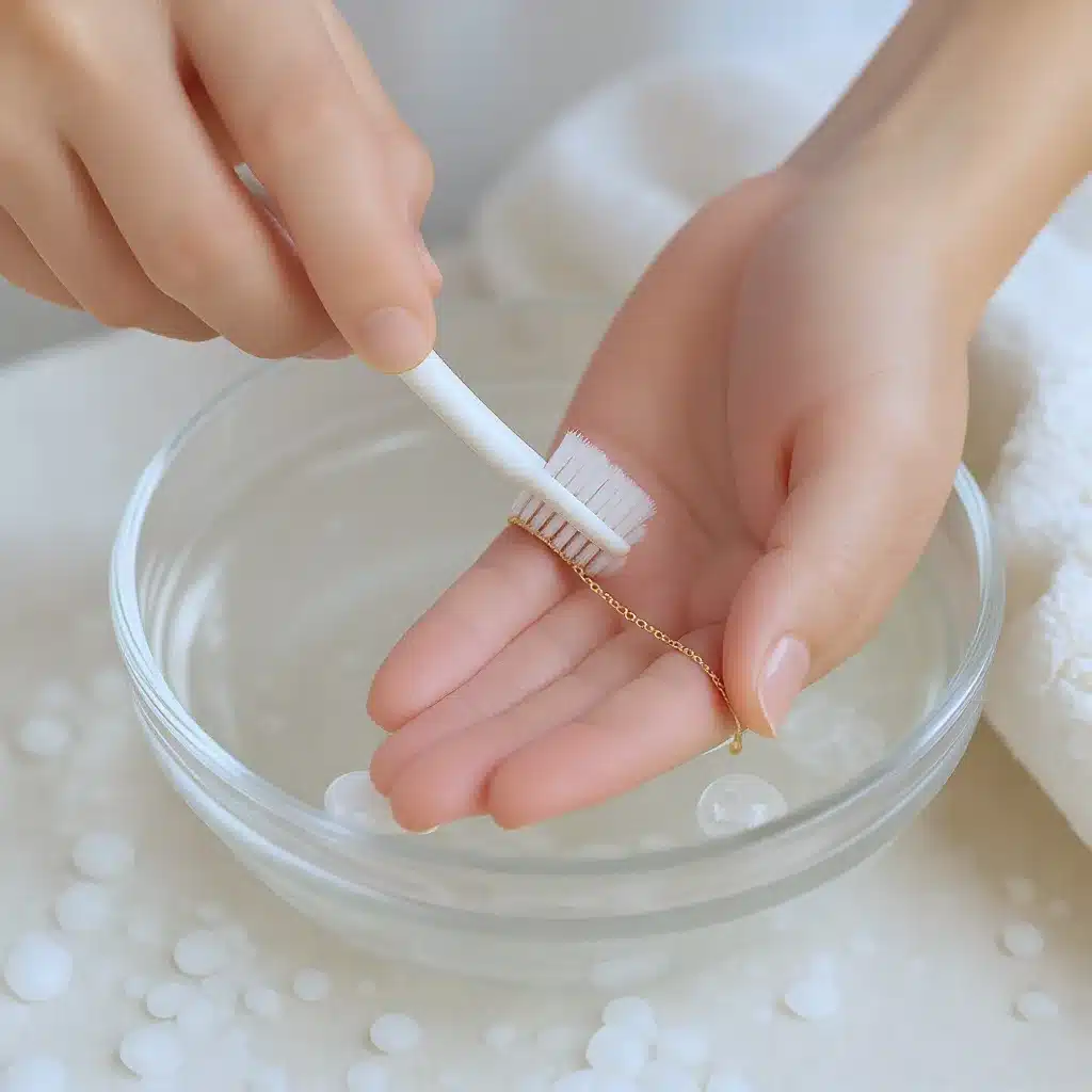 Nettoyage d’un bracelet en or dans un bol d’eau tiède savonneuse avec une brosse à dents douce