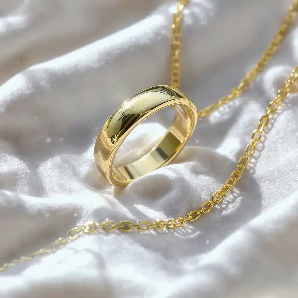 Bijoux en or étincelants après nettoyage, bague et collier brillants posés sur un chiffon microfibre