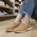 Femme essayant des chaussures larges et confortables adaptées à un hallux valgus