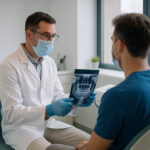 Dentiste montrant une radio dentaire à un patient lors d’une consultation sur les implants