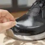 Une main qui applique un spray sur une chaussure en cuir pour l'agrandir