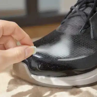 Une main qui applique un spray sur une chaussure en cuir pour l'agrandir