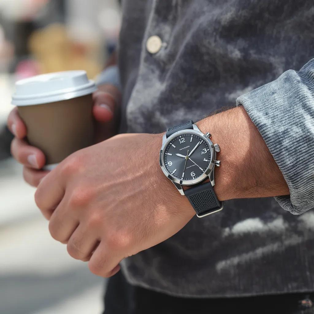 Homme portant une montre moderne au poignet  avec une tenue décontractée