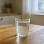 erre d’eau clair posé sur une table en bois, symbole de la boisson autorisée avant une prise de sang.