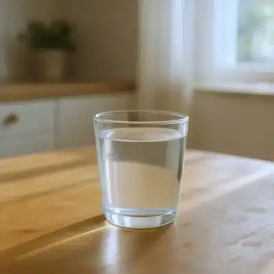 erre d’eau clair posé sur une table en bois, symbole de la boisson autorisée avant une prise de sang.