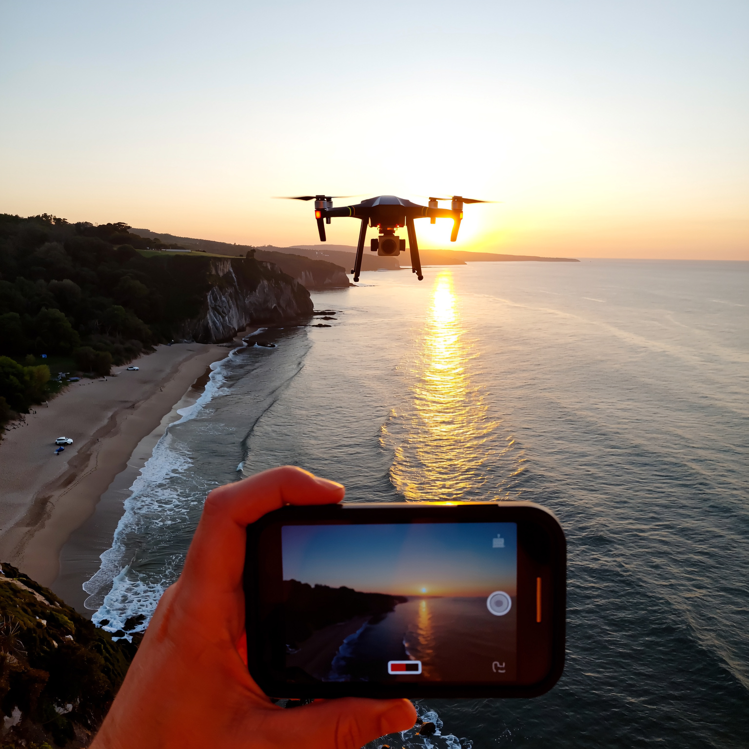 Drone moderne équipé d’une caméra 4K survolant une plage au coucher du soleil