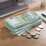 Pile de billets et pièces en euros posés sur un bureau avec carnet et stylo pour illustrer un placement financier