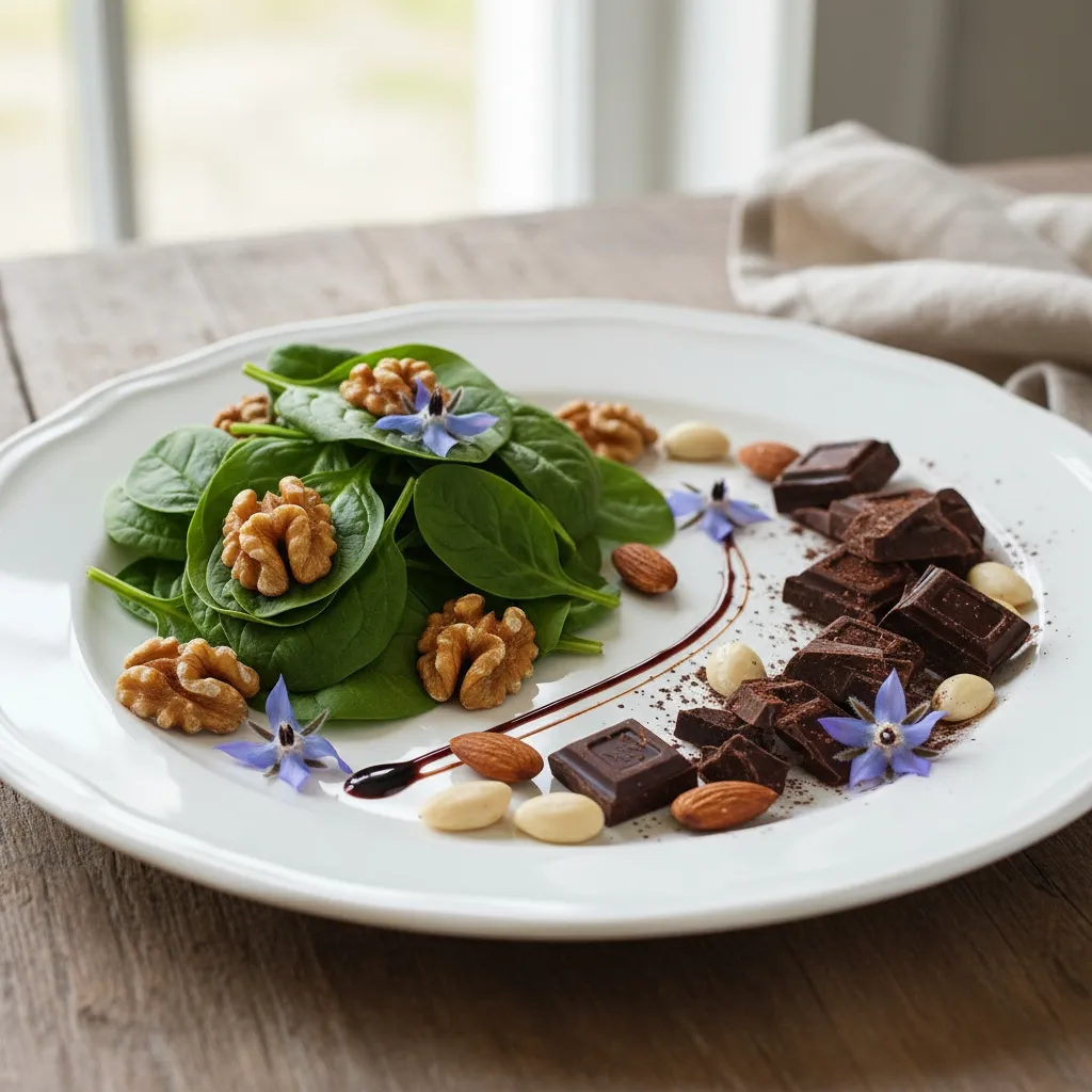Photo culinaire colorée d’une assiette avec amandes, noix, épinards et chocolat noir, lumière douce, ambiance saine et gourmande.