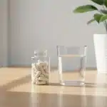 Complément alimentaire de magnésium en gélules avec un verre d’eau sur une table
