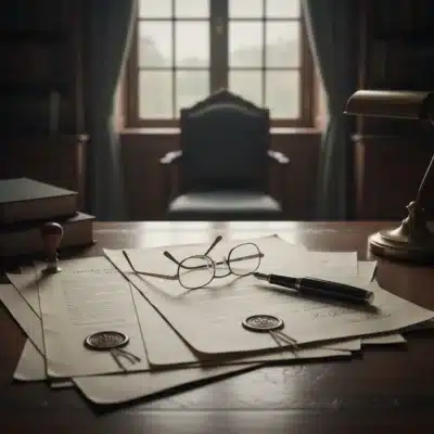 Documents notariaux de succession posés sur un bureau avec un stylo