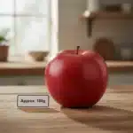 Pomme rouge entière sur une table en bois montrant sa taille moyenne d’environ 180 grammes