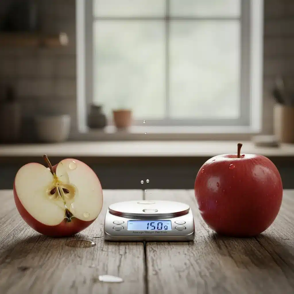 Pomme coupée en deux montrant sa chair juteuse et un poids moyen de 150 grammes par fruit