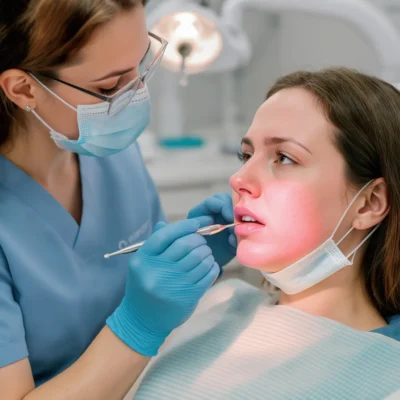 Dentiste examinant un patient présentant une joue gonflée due à un abcès dentaire