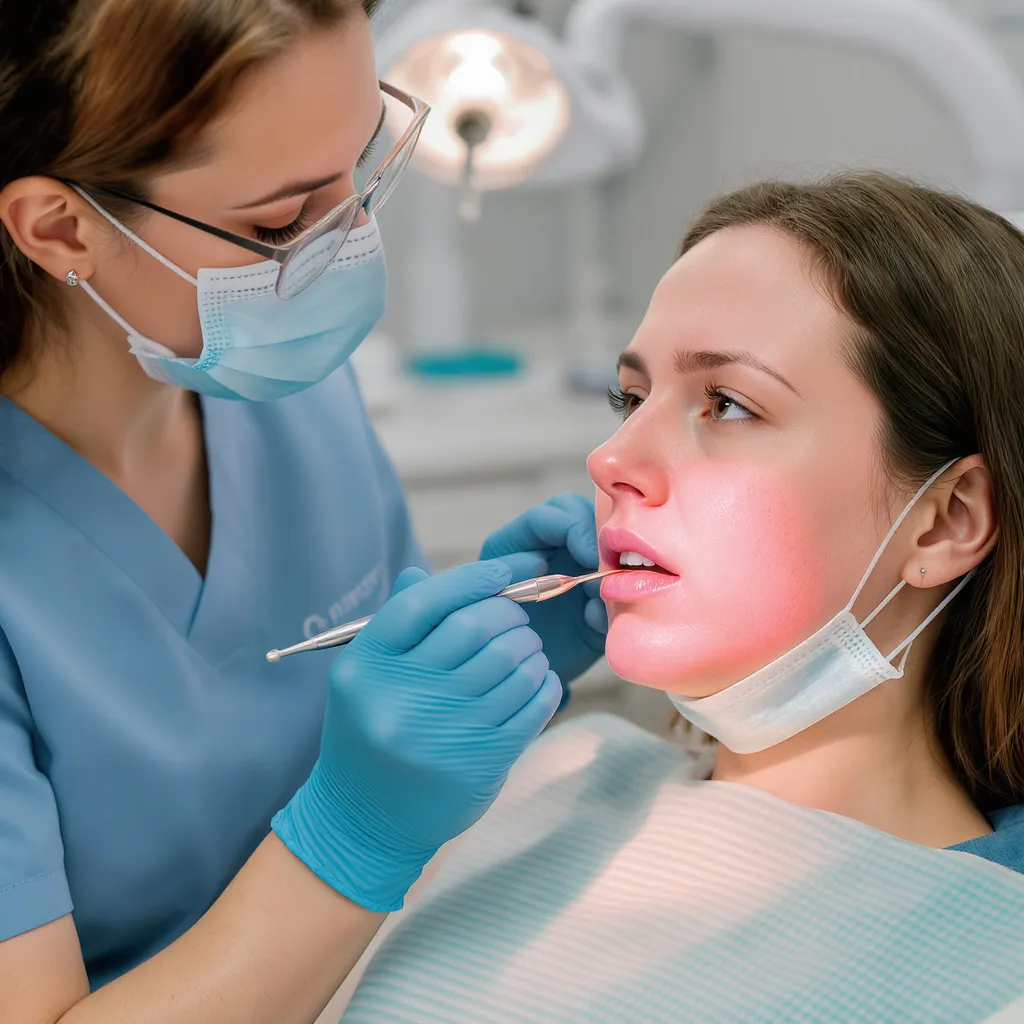 Dentiste examinant un patient présentant une joue gonflée due à un abcès dentaire