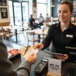 Main tendant plusieurs tickets restaurant à une caissière avec un plafond légal de 25 euros par passage