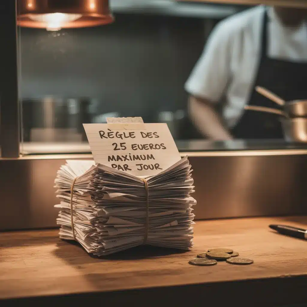 Pile de tickets restaurant posés sur un comptoir avec la règle des 25 euros maximum par jour
