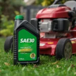 Bouteille d’huile SAE30 posée près d’une tondeuse thermique sur la pelouse