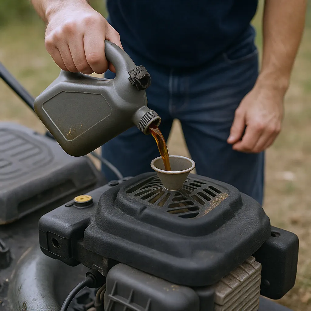personne versant de l’huile moteur dans une tondeuse 4 temps avec un entonnoir