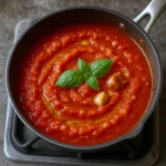 Sauce tomate mijotant dans une casserole avec ail, huile d’olive et basilic