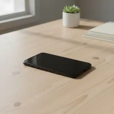 Smartphone posé éteint sur une table en bois, écran noir complet